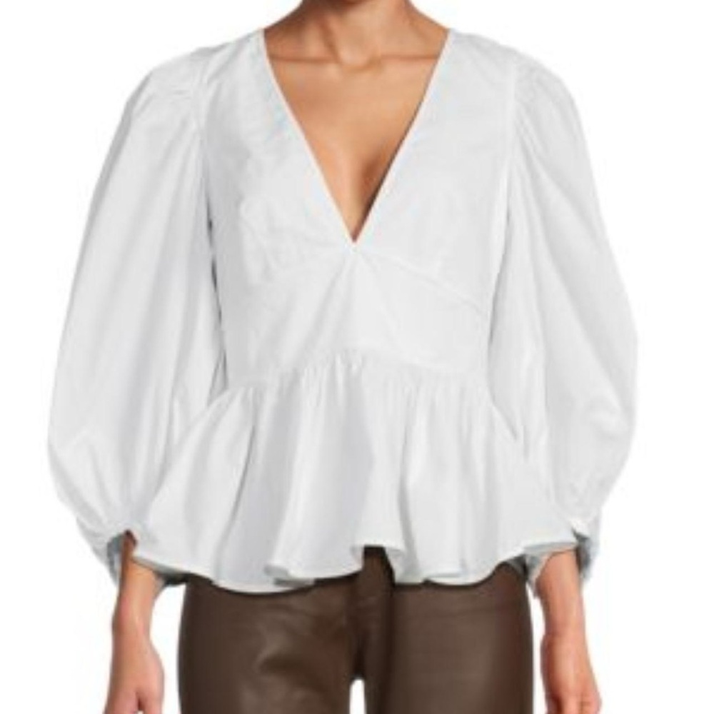 STAUD | White “Luna” Long Puff Balloon Sleeve V-Neck Peplum Poplin Blouse | Sz 2
